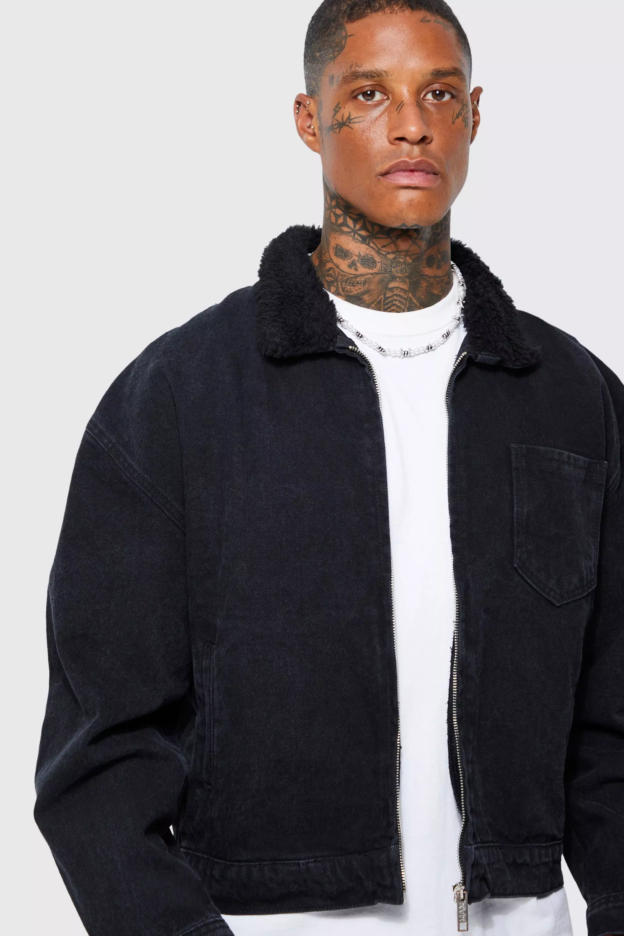 Grey denim jacket borg collar best sale